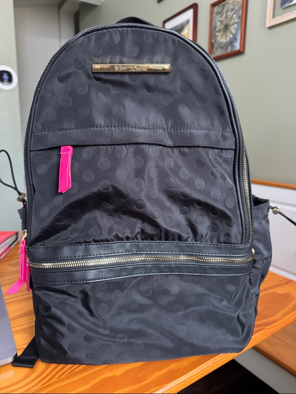 Betsy Johnson Black Polka Dot Nylon Backpack with floral inside